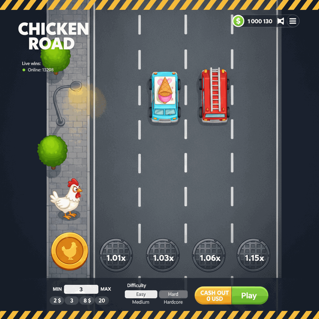 Chicken Road gioco crash: gallina cartoon bianca che attraversa una strada a corsie multiple vista dall'alto con moltiplicatori su tombini grigi, alberi verdi sul marciapiede e lampione, stile minimale per gioco d'azzardo istantaneo provably fair